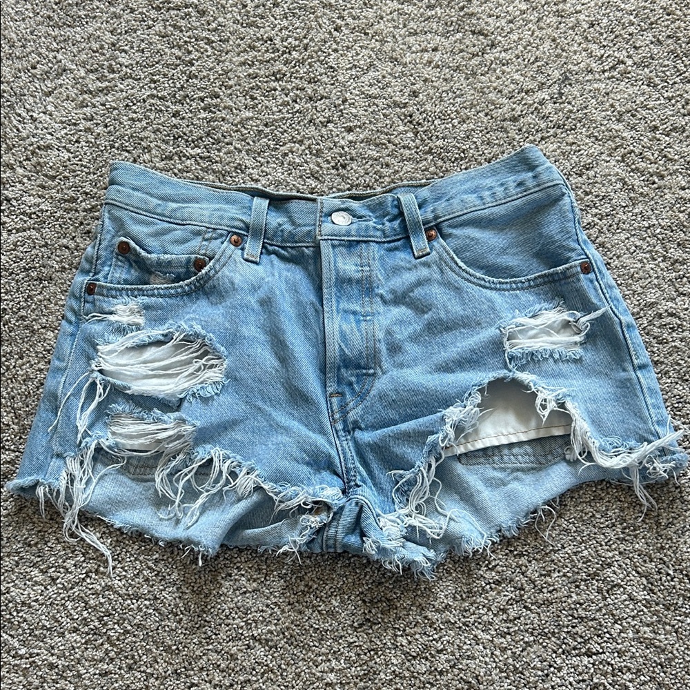 Distressed Light Blue Denim Shorts